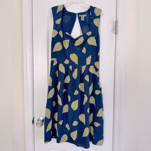 Blue dress with yellow leaves, brand Maple, size 8, EUC.